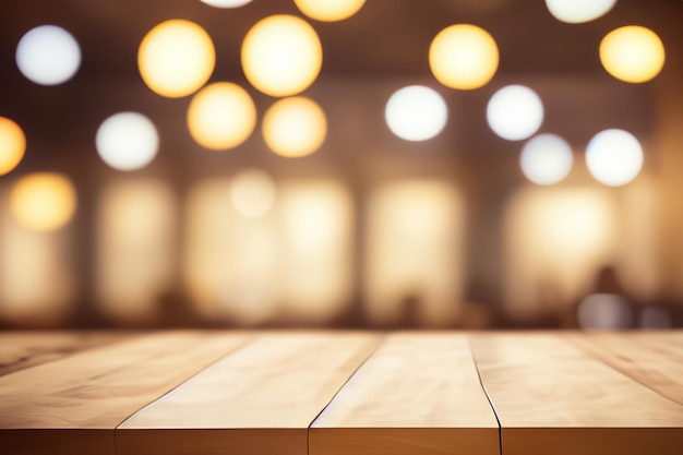 Wooden table with blurred background of light bulbs