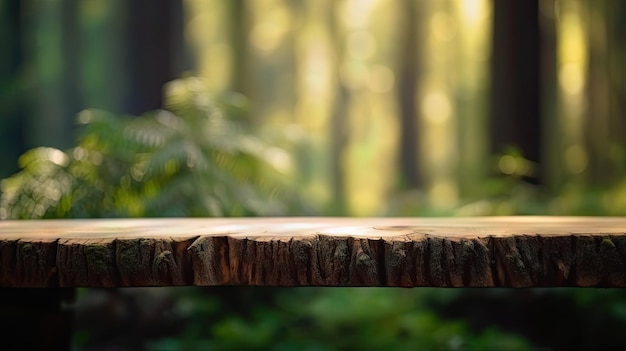 Wooden table with blurred background in a lush forest late sunset