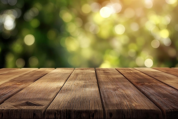 a wooden table with a blurred background of trees and the sun shining through the leaves