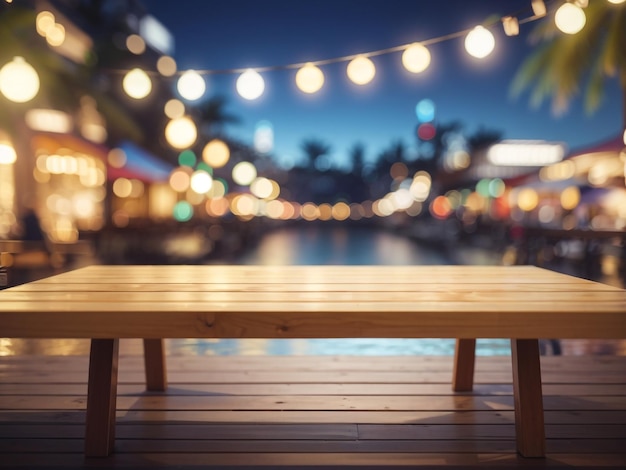 Wooden Table with a Blurred Beach Cafe Background