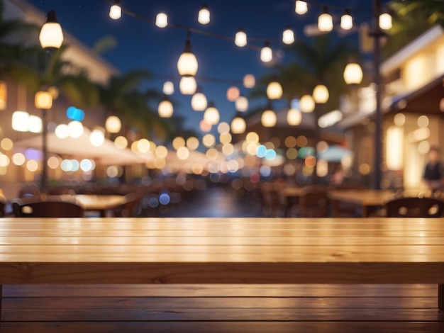 Wooden Table with a Blurred Beach Cafe Background