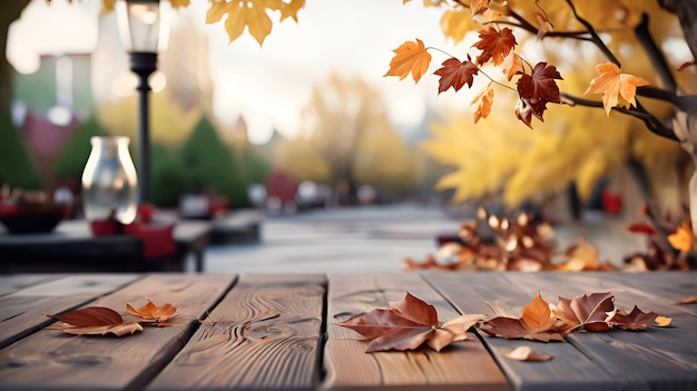 Wooden table with blurred beautiful autumn ambience background generative ai