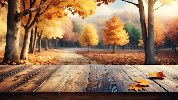 Wooden table with blurred beautiful autumn ambience background generative ai