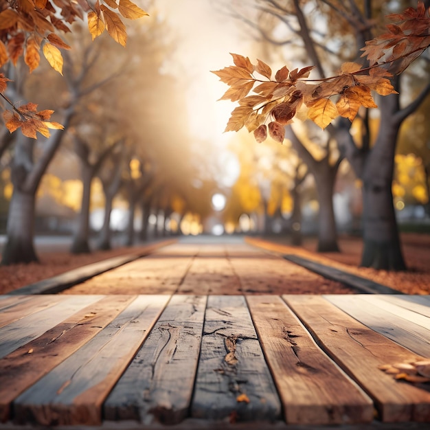 Wooden table with blurred beautiful autumn ambience background generative ai