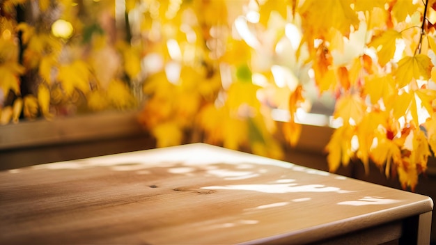 Wooden table with blurred beautiful autumn ambience background generative ai