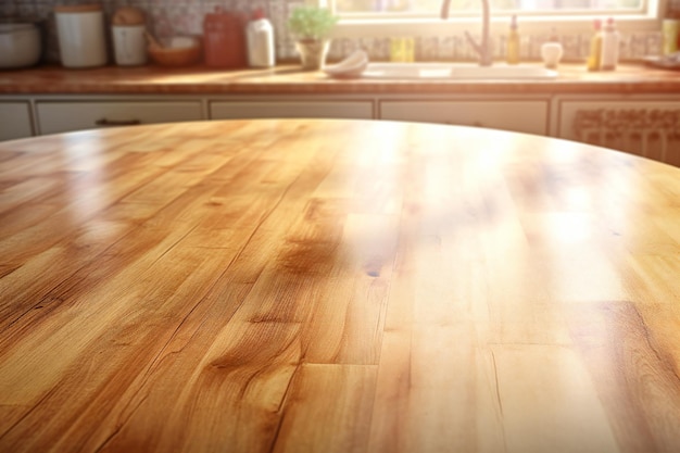 Wooden table with blurred kitchen interior in background shallow depth of field