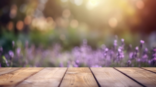 Wooden table with blurred lavender on background