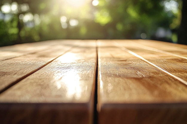 Photo wooden table with blurred nature background