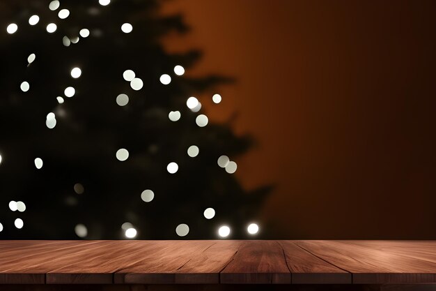 Wooden Table With Blurred Tree With Lights