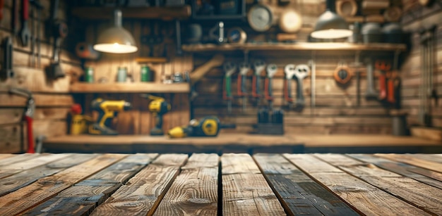 Wooden table with blurred working room in the workshop for product display presentation background