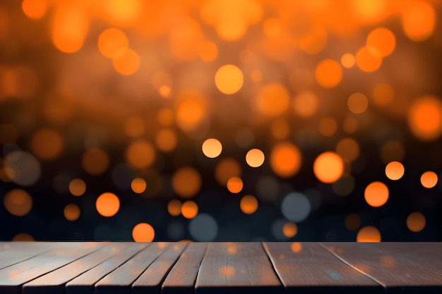 A wooden table with blurry lights in the background