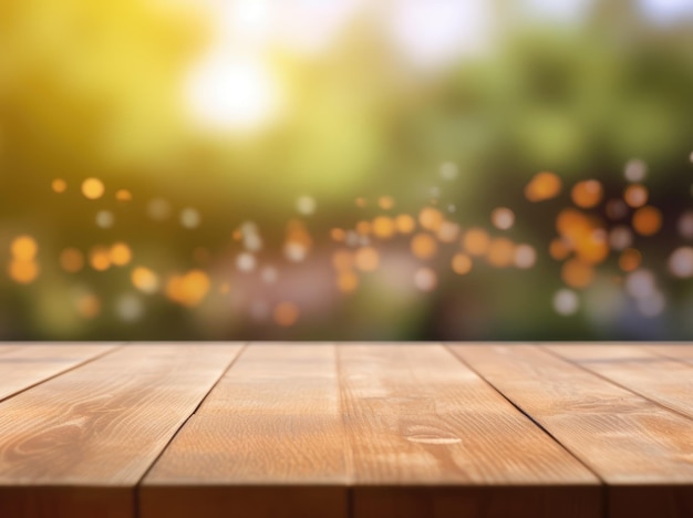 A wooden table with a bokeh background