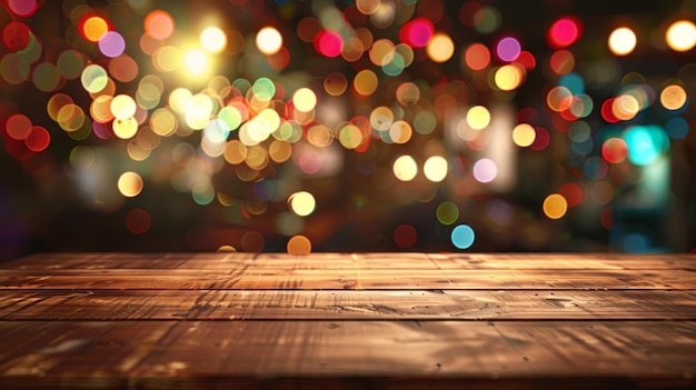 Photo the wooden table with bokeh lights