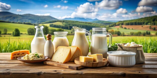 a wooden table with bottles of milk cheese and milk