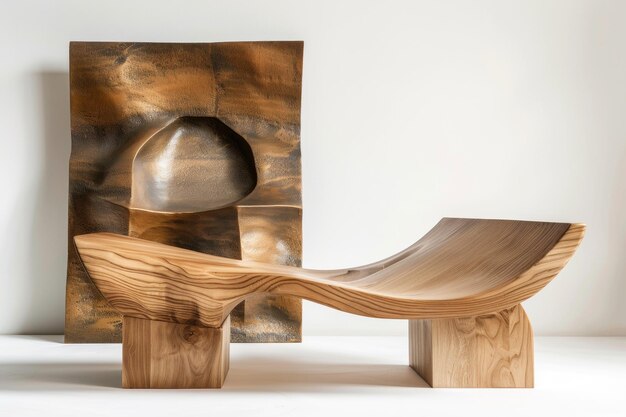 a wooden table with a bowl on it and a wooden bench with a piece of wood on it