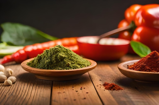 a wooden table with a bowl of spices and a spoon.