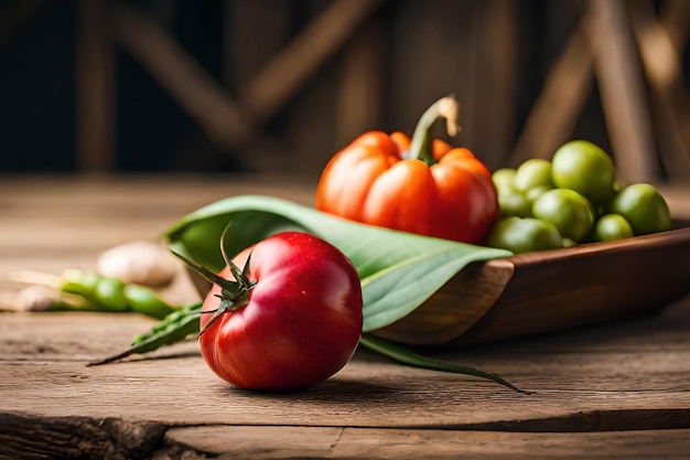 A wooden table with a bowl of vegetables and a green tomato on it.