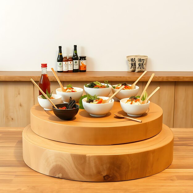 Photo a wooden table with bowls of food and bottles of alcohol on it