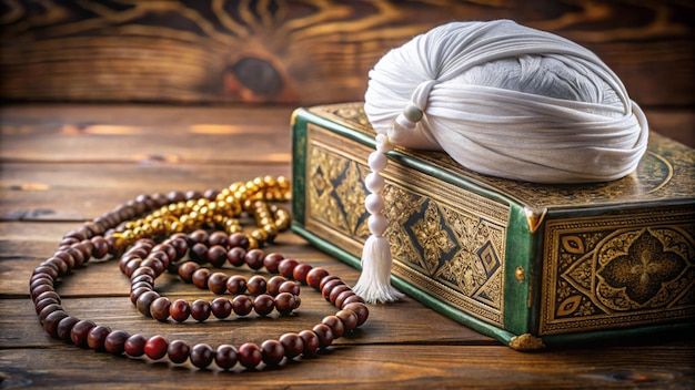 Photo a wooden table with a box of beads and a necklace on it