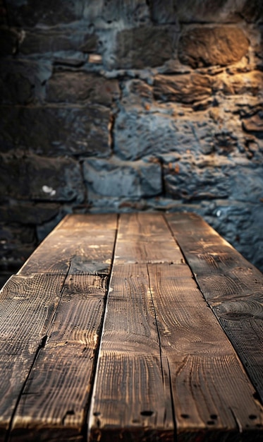 Photo a wooden table with a brick wall and a brick wall behind it