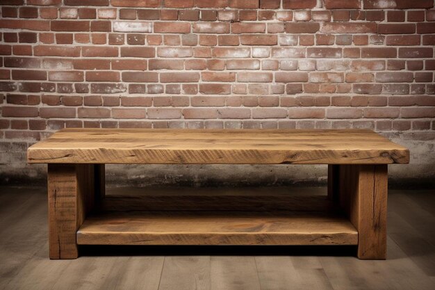 Photo a wooden table with a brick wall behind it