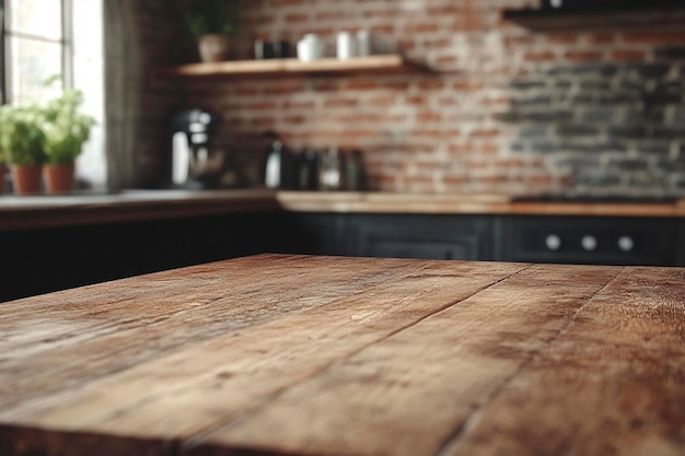 a wooden table with a brick wall behind it