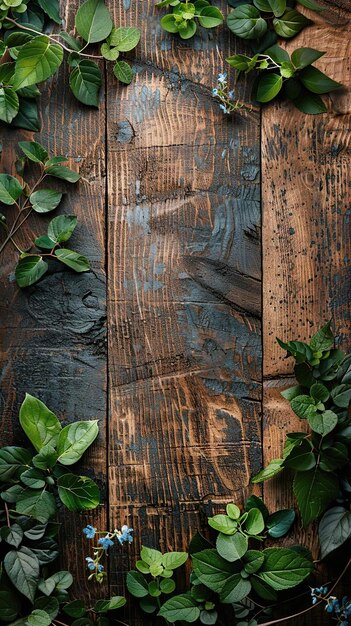 Photo a wooden table with a bunch of green leaves and blue flowers