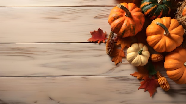 A wooden table with a bunch of pumpkins and leaves on it.