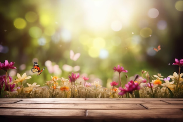 A wooden table with a butterfly on it and a blurred background of flowers.