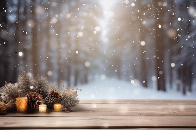 A wooden table with a candle and pine cones on it