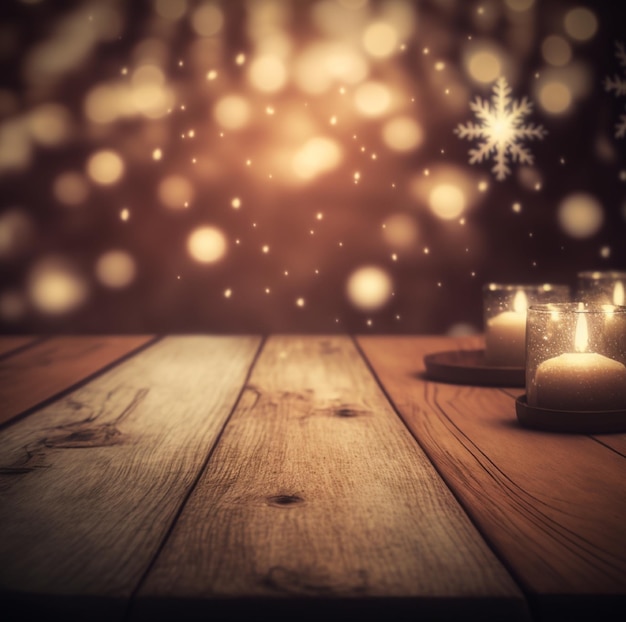 A wooden table with candles and snowflakes on it