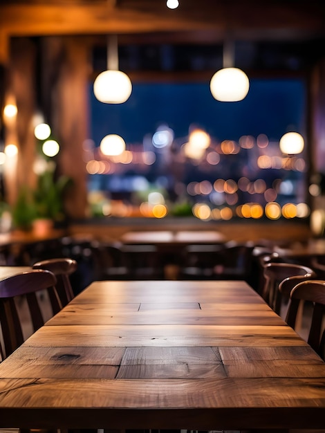 a wooden table with chairs and lights on it and a blurry background