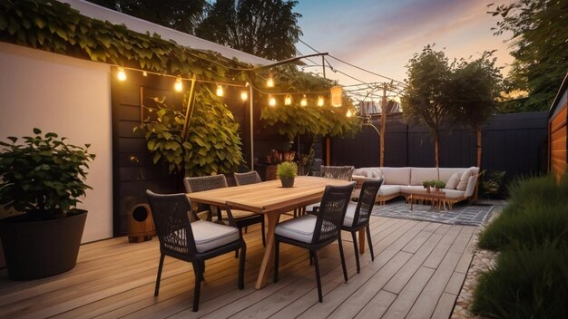 a wooden table with chairs and a table with lights hanging from it