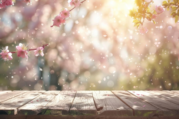 Photo a wooden table with a cherry blossom tree in the background