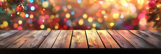 Photo a wooden table with a christmas tree in the background