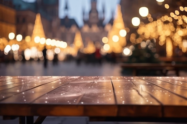 A wooden table with a christmas tree in the background