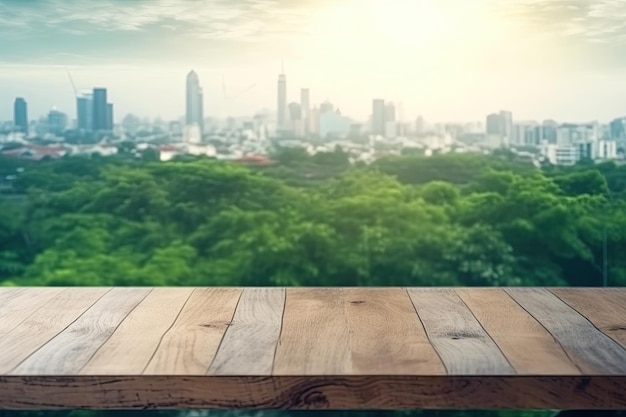 Wooden Table with a Cityscape View in the Background Generative AI