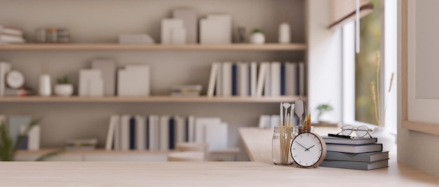 A wooden table with copy space over blurred minimal bright room with a bookshelf in the background