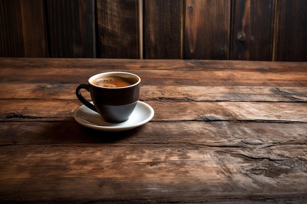 wooden table with a cup of coffee