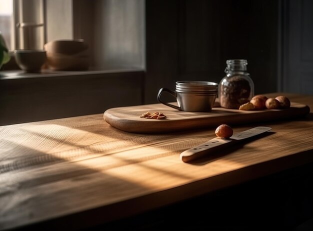 A wooden table with a cup and a wooden spoon on it