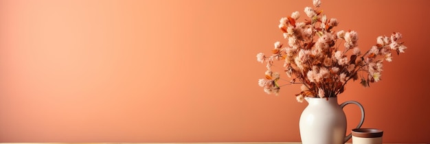 Wooden Table with Dried Flowers and Empty Terra Cotta Wall Interior Background with Copy Space