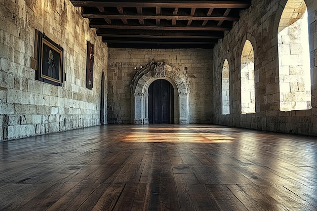 Photo a wooden table with an empty glass top and an old stone building with arched windows