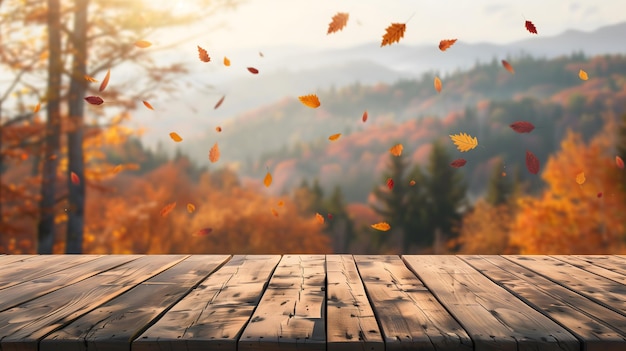 Wooden Table with Falling Autumn Leaves and Scenic Background