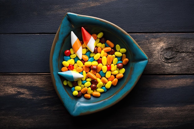 Wooden table with a festive candy corn bowl centerpiece Generative AI