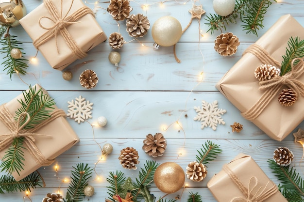 A wooden table with a few presents and pine cones on it