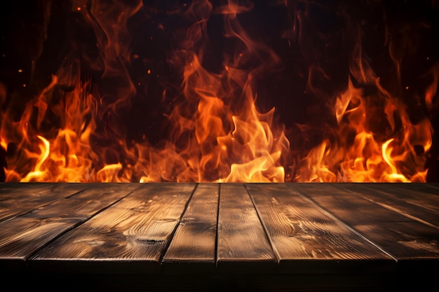 Wooden Table with Fiery Background Grilled Cuisine Showcase