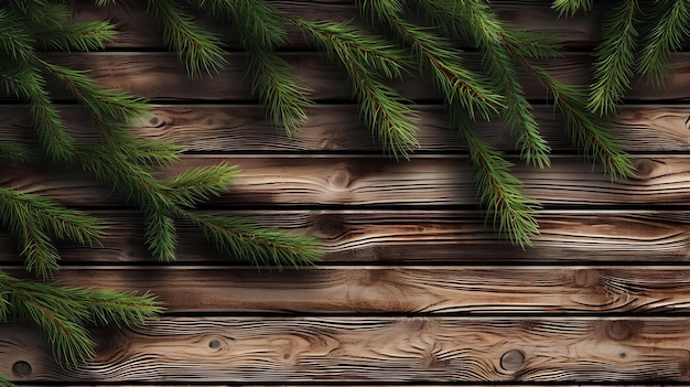 Wooden table with fir branches Top vew