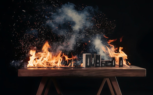 wooden table with Fire burning at the edge of the table fire particles sparks and smoke