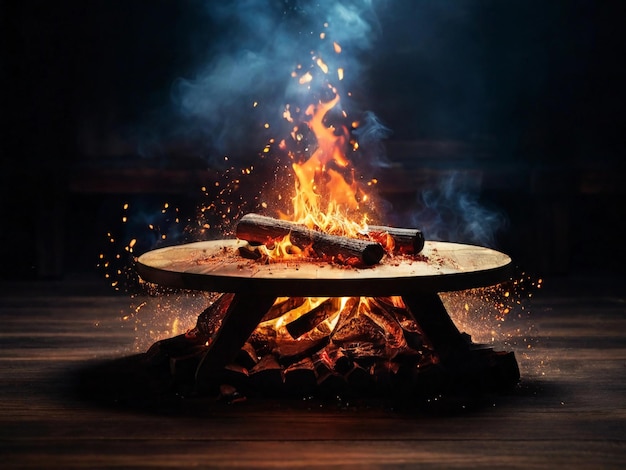 wooden table with Fire burning at the edge of the table