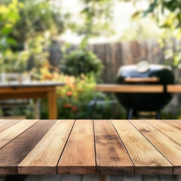 a wooden table with a fire hydrant on it and a grill in the background